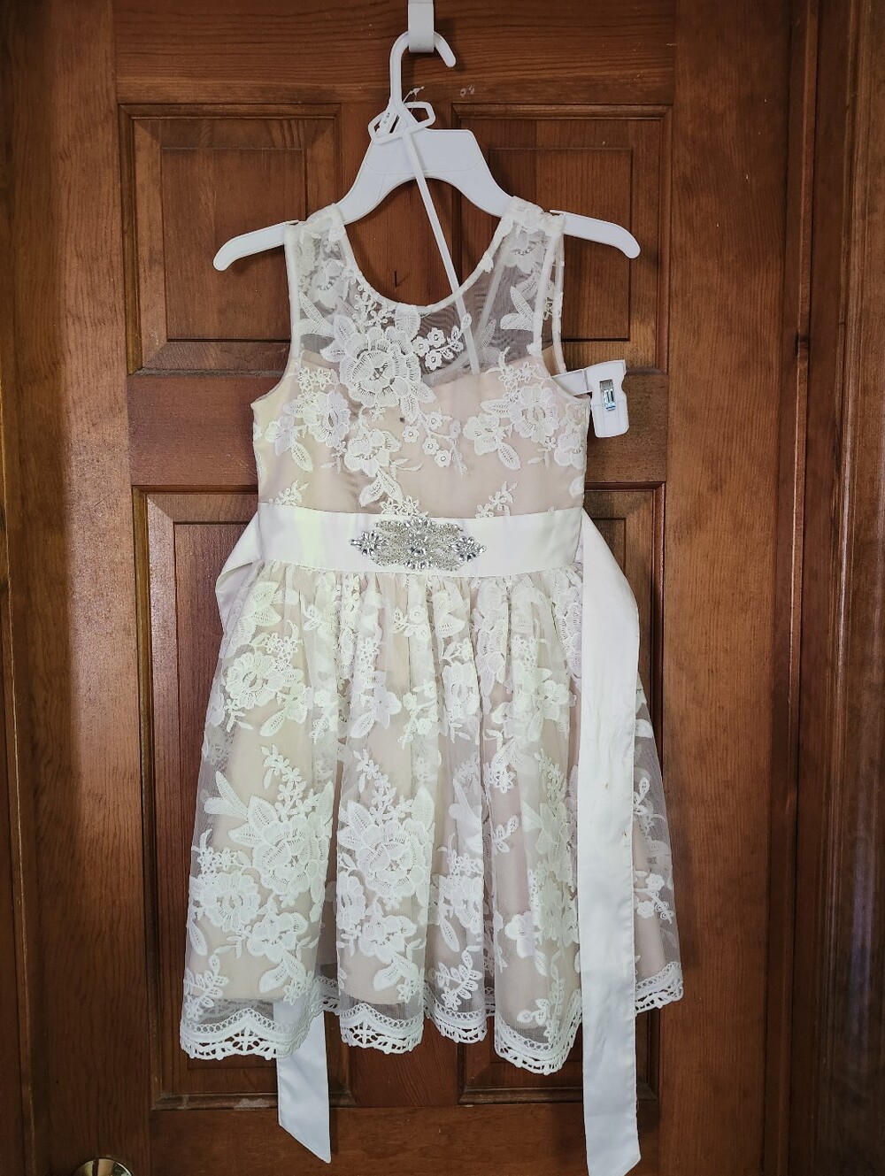 Ivory Lace Overlay Girls' Dress with Satin Sash
